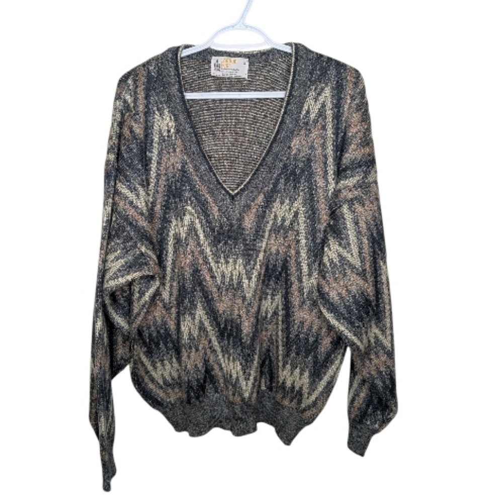 Vintage London Fog Deep V-Neck Sweater Geometric Zig Zag Knit Large